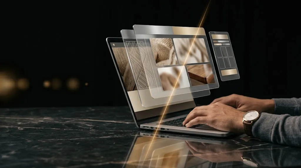 Criação de sites profissionais em São Paulo: designer trabalhando em um notebook com um site elegante em painéis de vidro