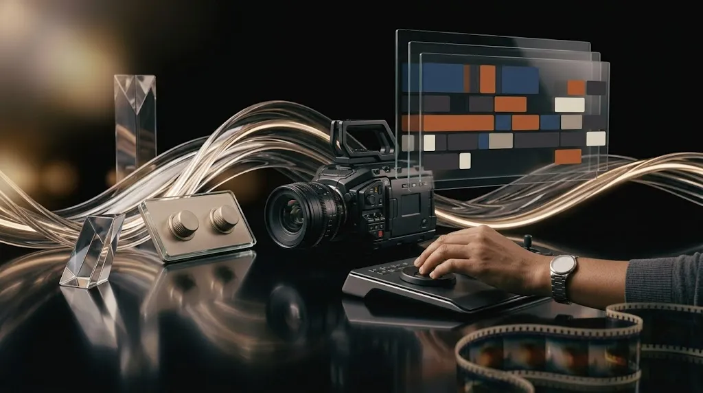 Edição de vídeos profissional: câmera de cinema, linha do tempo de edição e editor ajustando cores