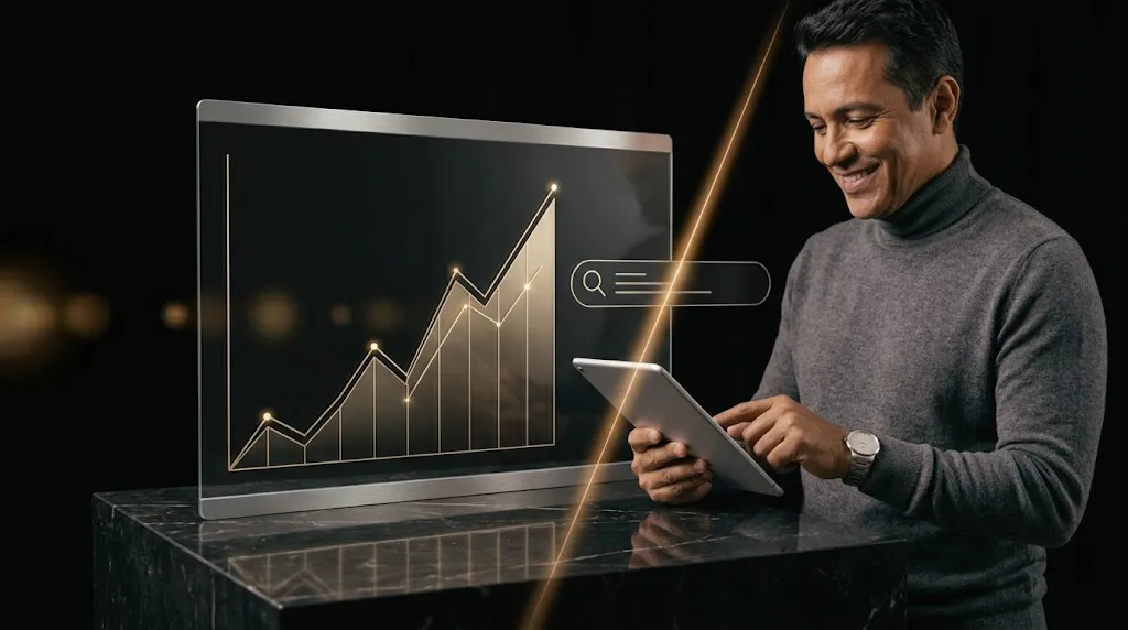 Google Ads: empresário sorrindo diante de um gráfico de crescimento e de uma barra de pesquisa