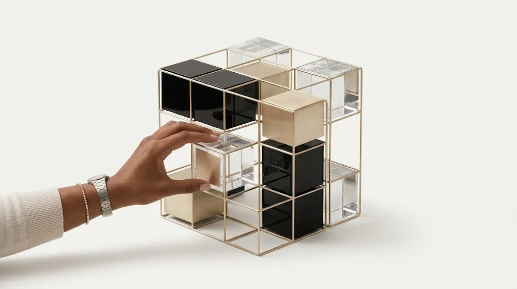Mão montando um cubo de vidro, preto e dourado que representa os serviços integrados de marketing digital da OMSAZ