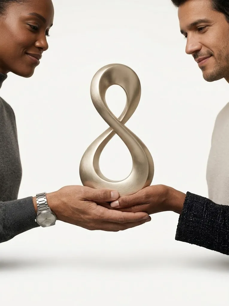 Duas pessoas segurando uma escultura dourada em forma de infinito, simbolizando a parceria entre a OMSAZ e seus clientes